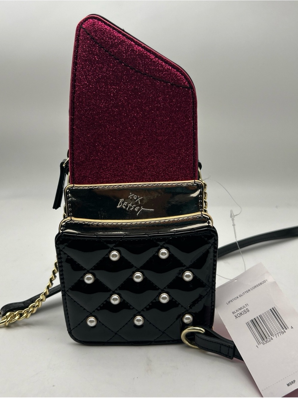 Betsey Johnson Kitsch Lipstick Glitter Crossbody Bag Pink Glitter NWT